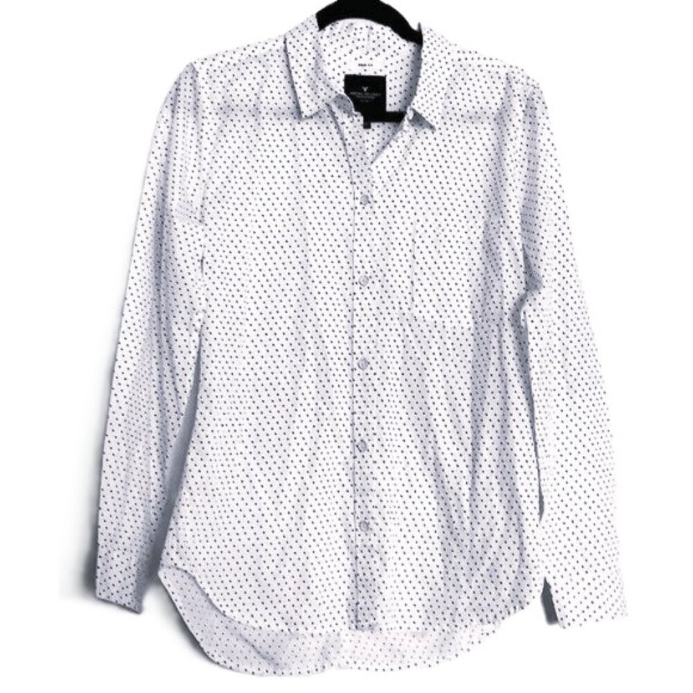 American Eagle Outfitters Top Blouse White Tiny Black Hearts Long Sleeve EUC S